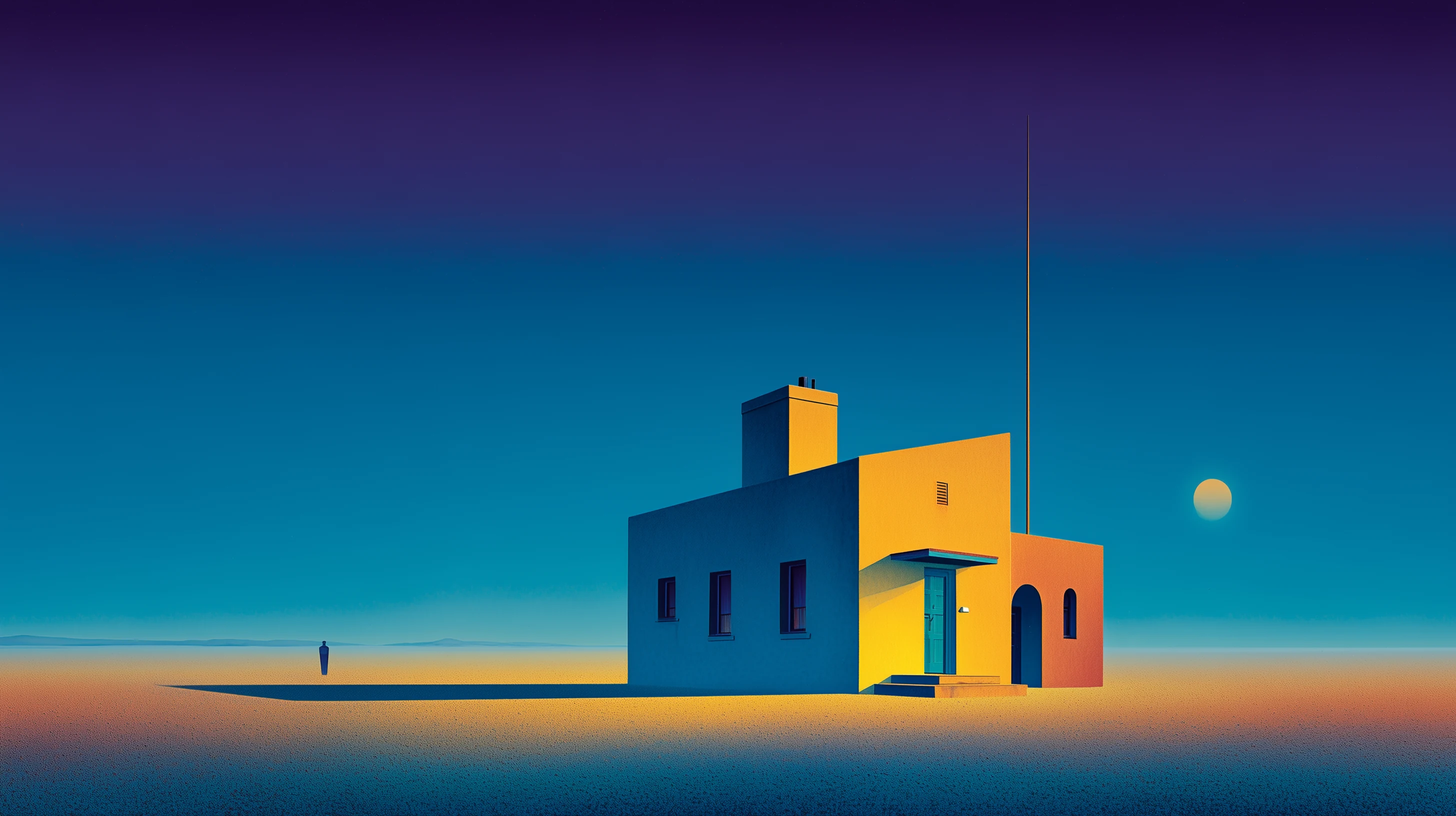 Painterly blue and yellow houses at dusk