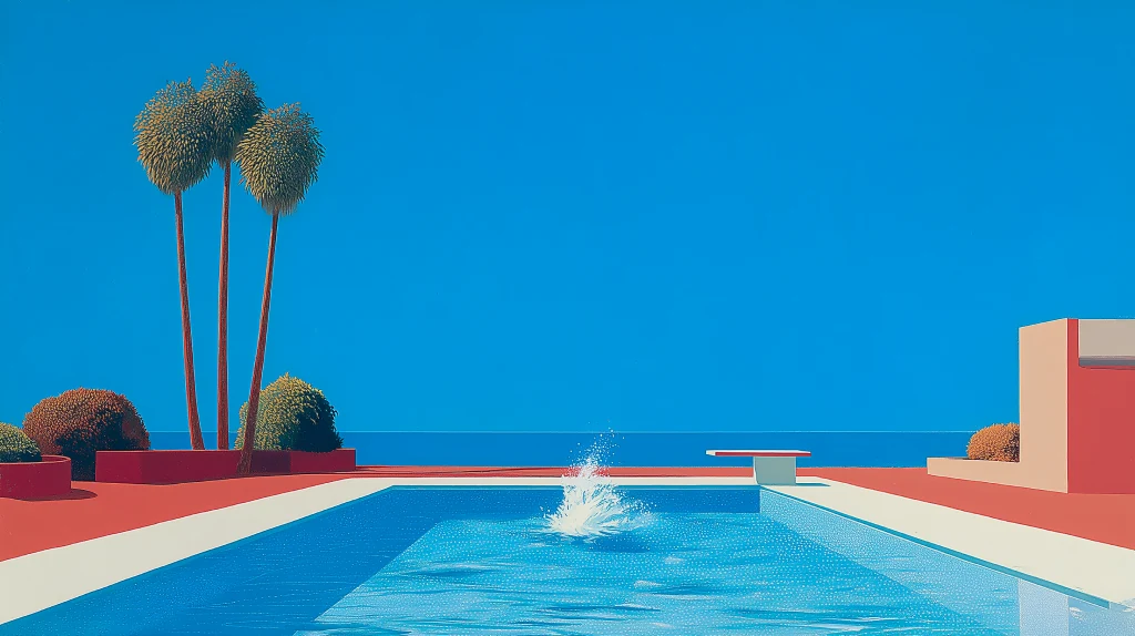 Painterly poolside scene at golden hour