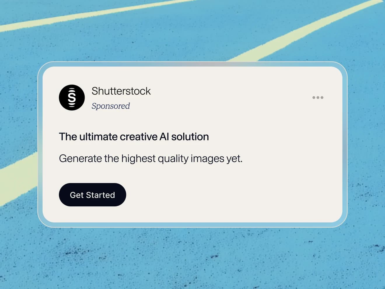 A Card (Text) ad for Shutterstock, labeled Sponsored, with the headline "The ultimate creative AI solution," one line of copy, and a Get Started button