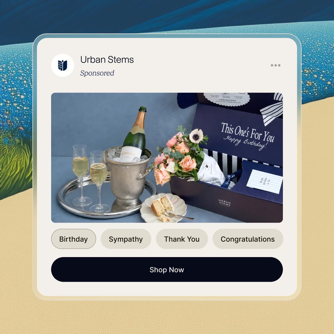 A Quick Pick ad for Urban Stems, labeled Sponsored, with a photo of a birthday flower and champagne gift box, four occasion options (Birthday, Sympathy, Thank You, Congratulations) with Birthday selected, and a Shop Now button