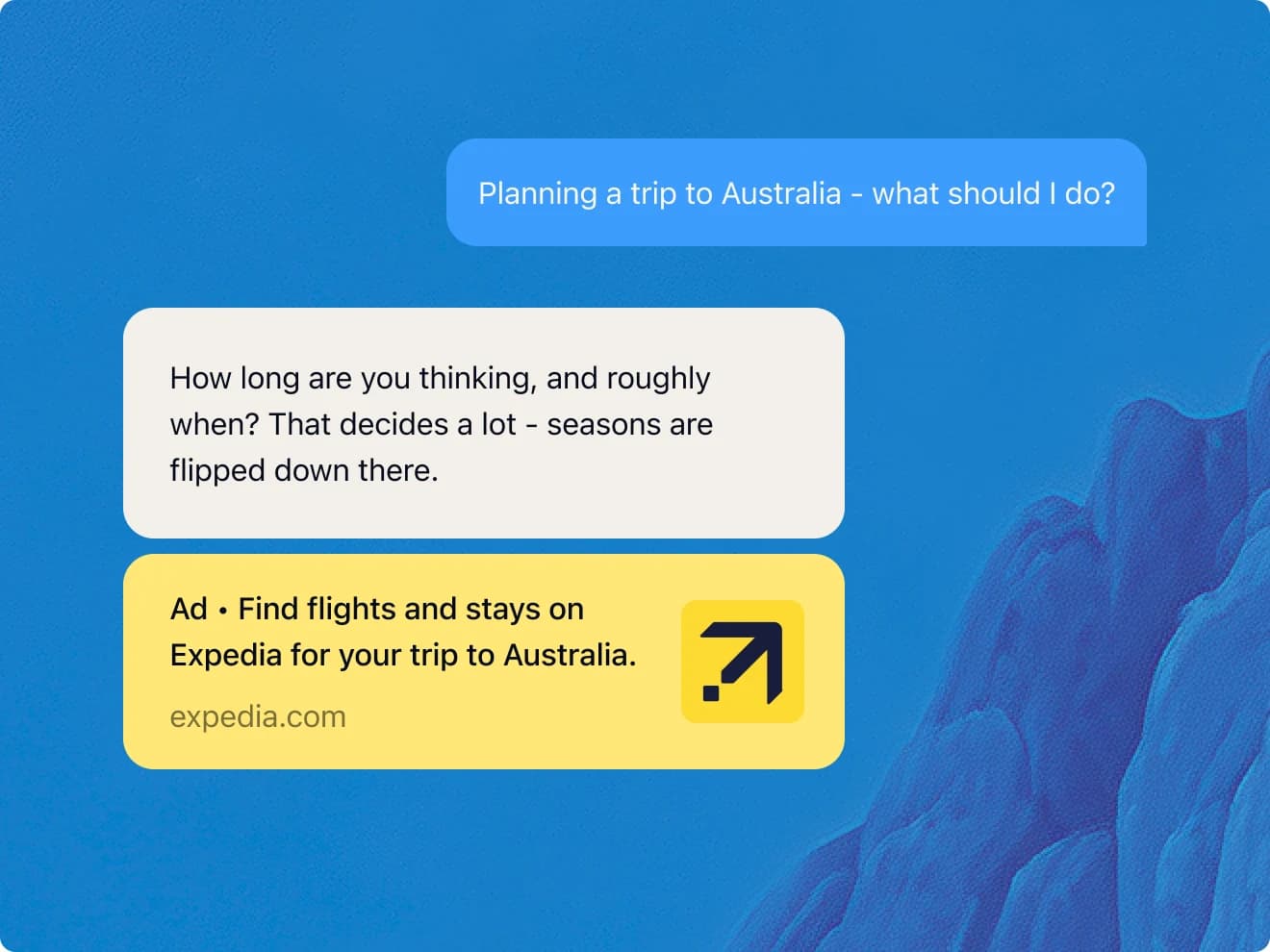 An iMessage thread where a user asks an AI agent about planning a trip to Australia, the agent replies, and a clearly labeled Expedia ad appears inline in the conversation