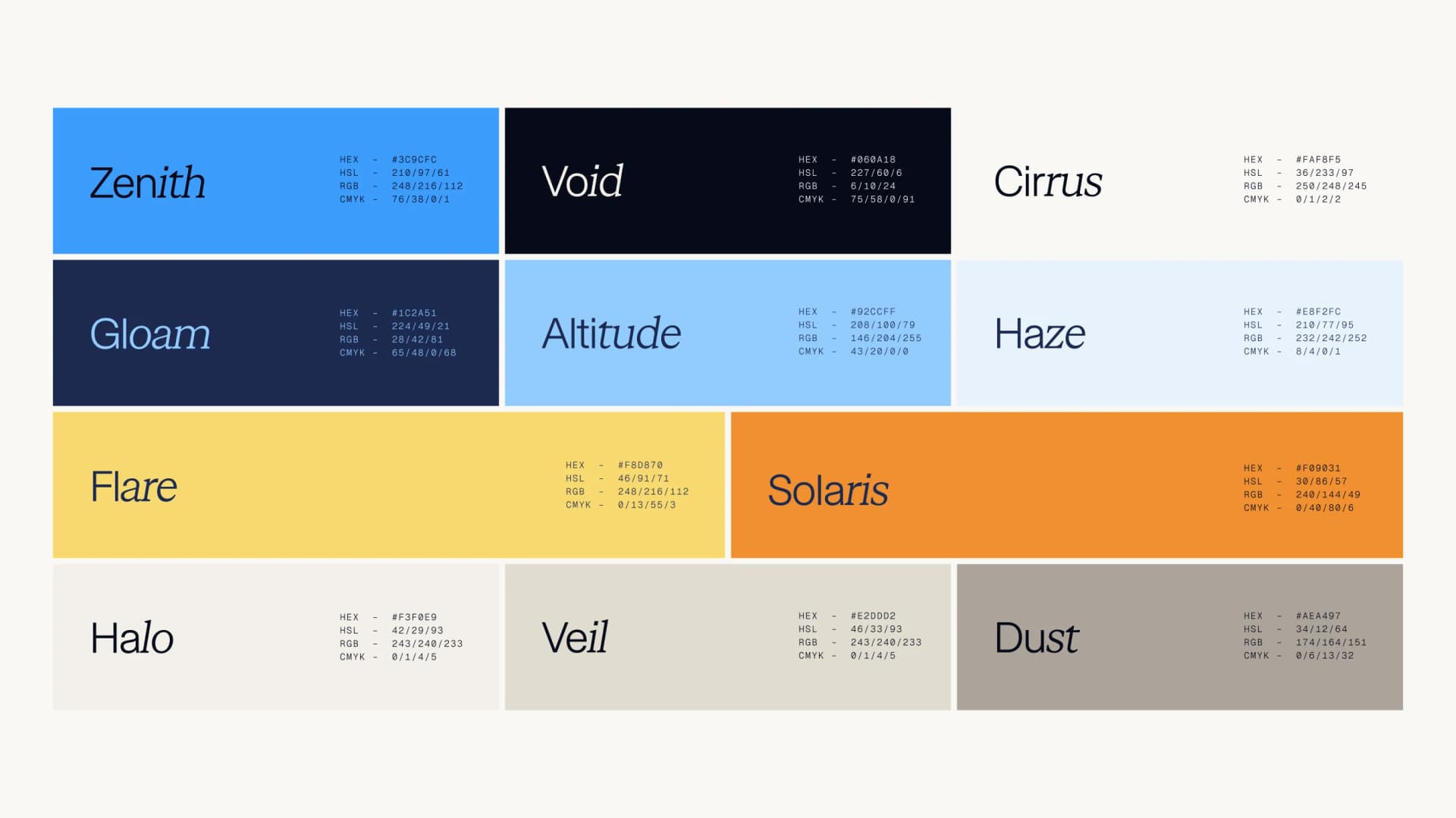 Koah core palette: zenith, void, cirrus, gloam, altitude, haze, flare, solaris, and warm neutrals