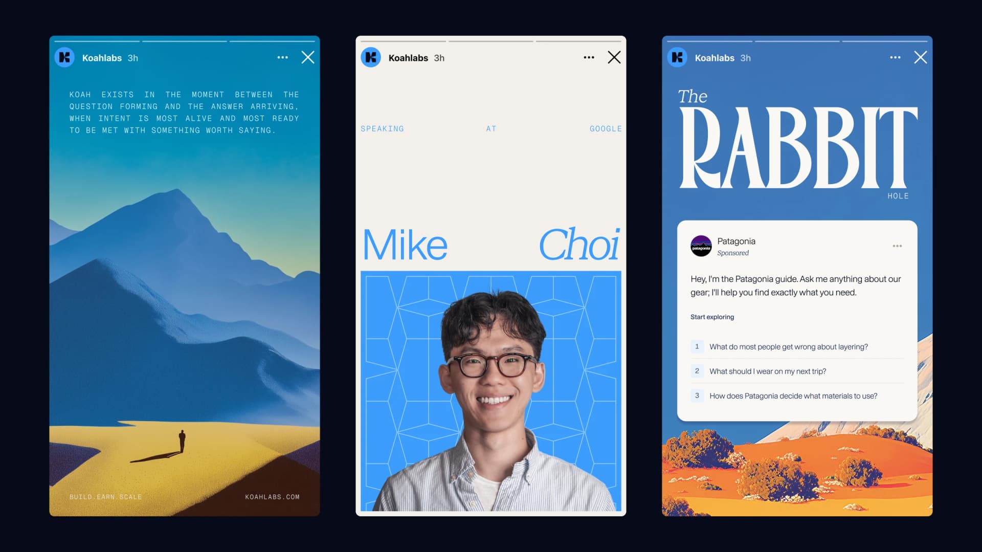 Koah social executions: three vertical story mockups: a brand moment, a profile card, and a sponsored Patagonia placement in The Rabbit Hole