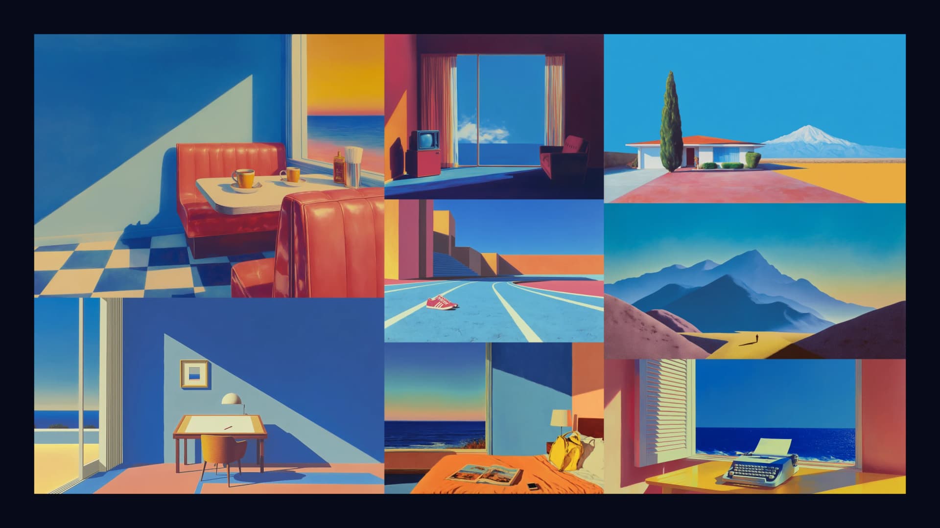 Our own Perfect Moment imagery: a diner booth, a sunlit study, a desert running track, a hillside house, and a typewriter by the sea