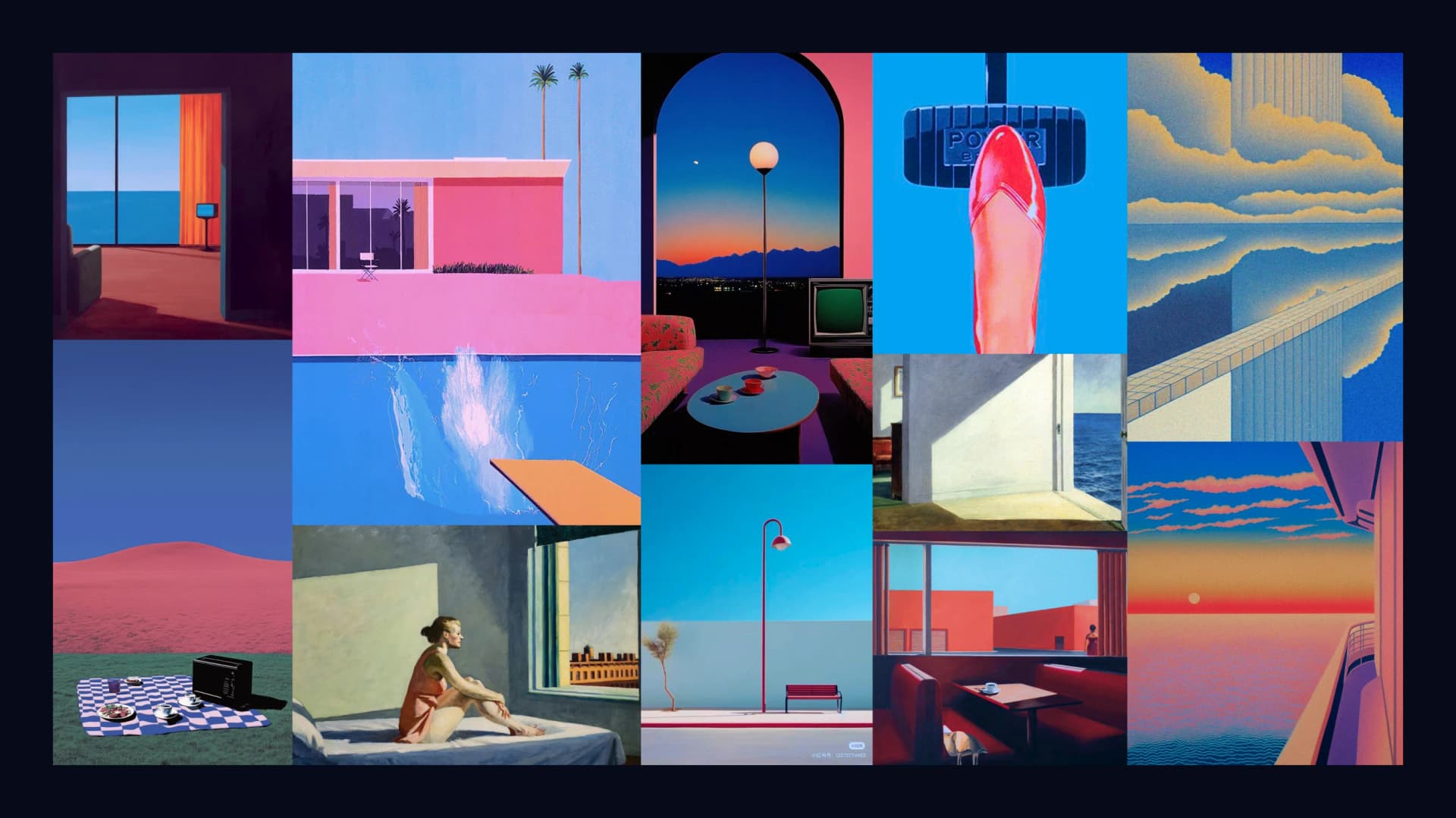 Inspiration moodboard: Hopper interiors, a Hockney-blue pool, dusk skylines, a lone figure, and vintage-ad stills