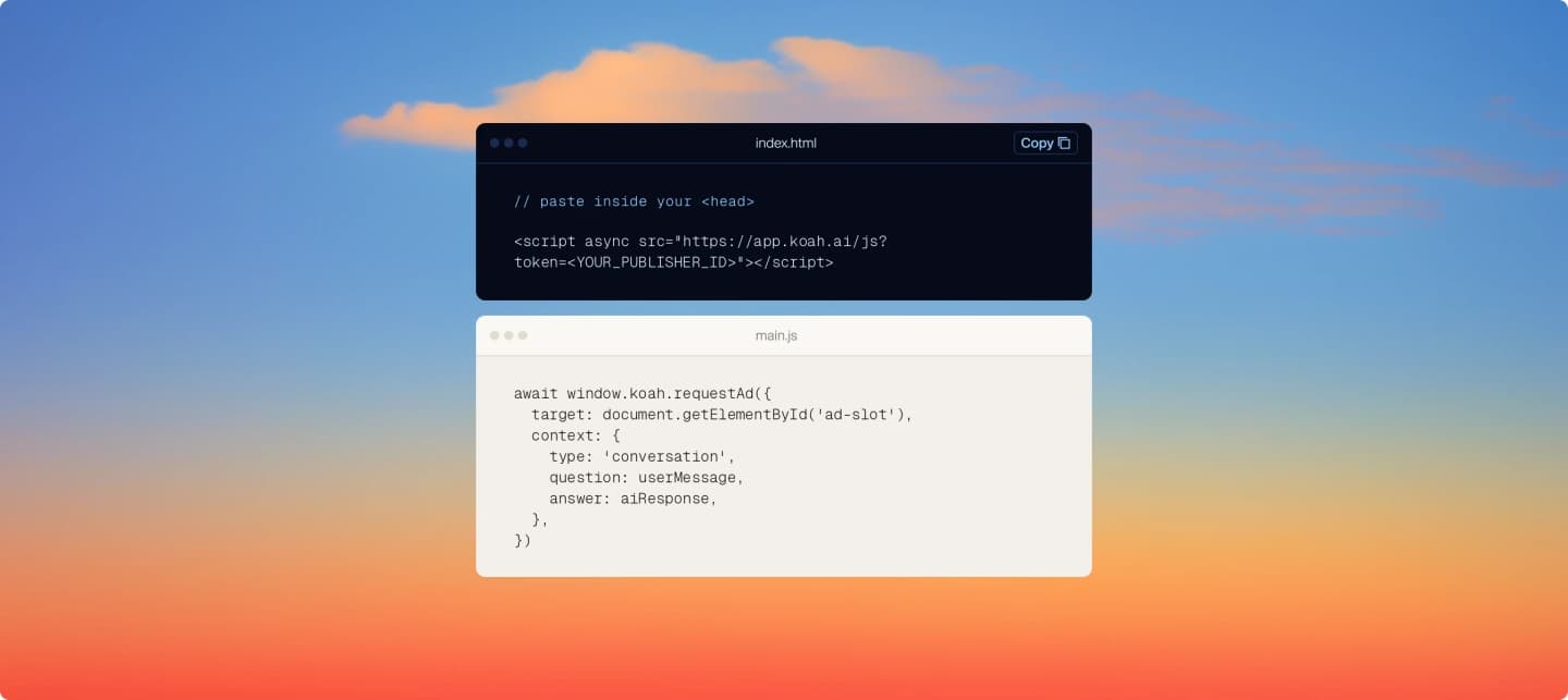 Two code windows showing the Koah script tag in index.html and a requestAd call with conversation context in main.js