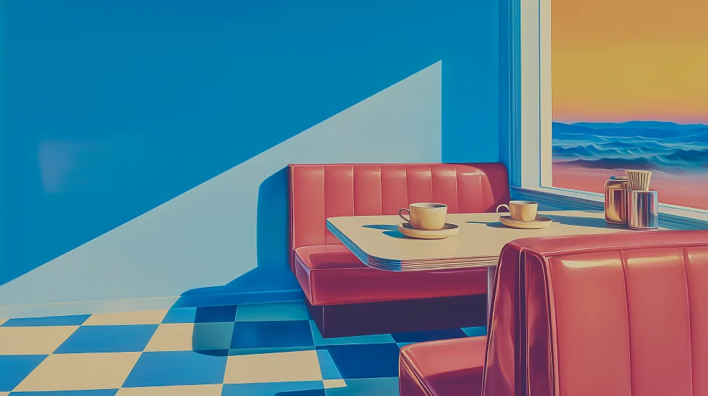 A quiet diner booth at golden hour