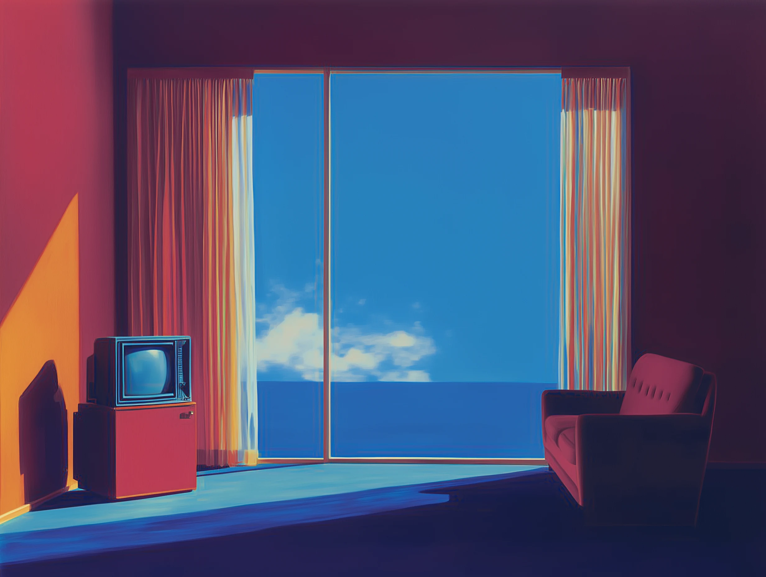 A sunlit retro living room rendered in saturated blues, reds, and gold — an analog scene reimagined for the conversational era.