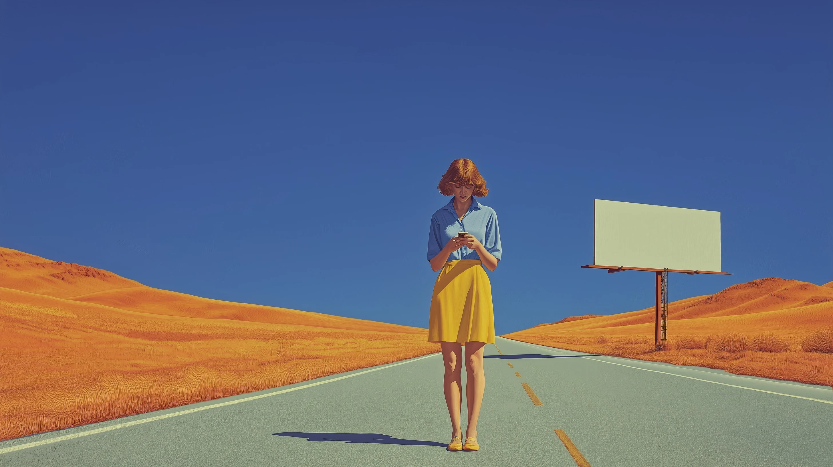 A woman checking her phone on an empty desert highway beside a blank billboard under a deep blue sky