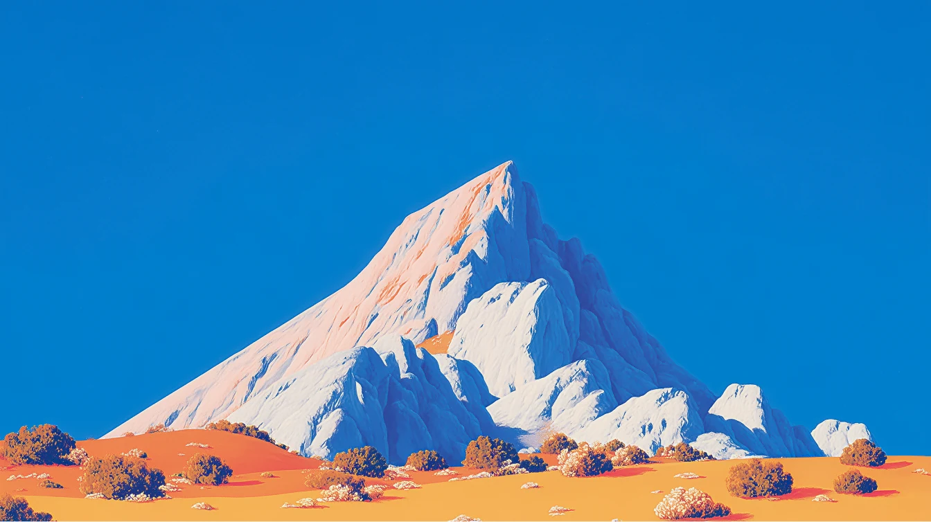 Painterly sunlit mountain rising over desert scrub